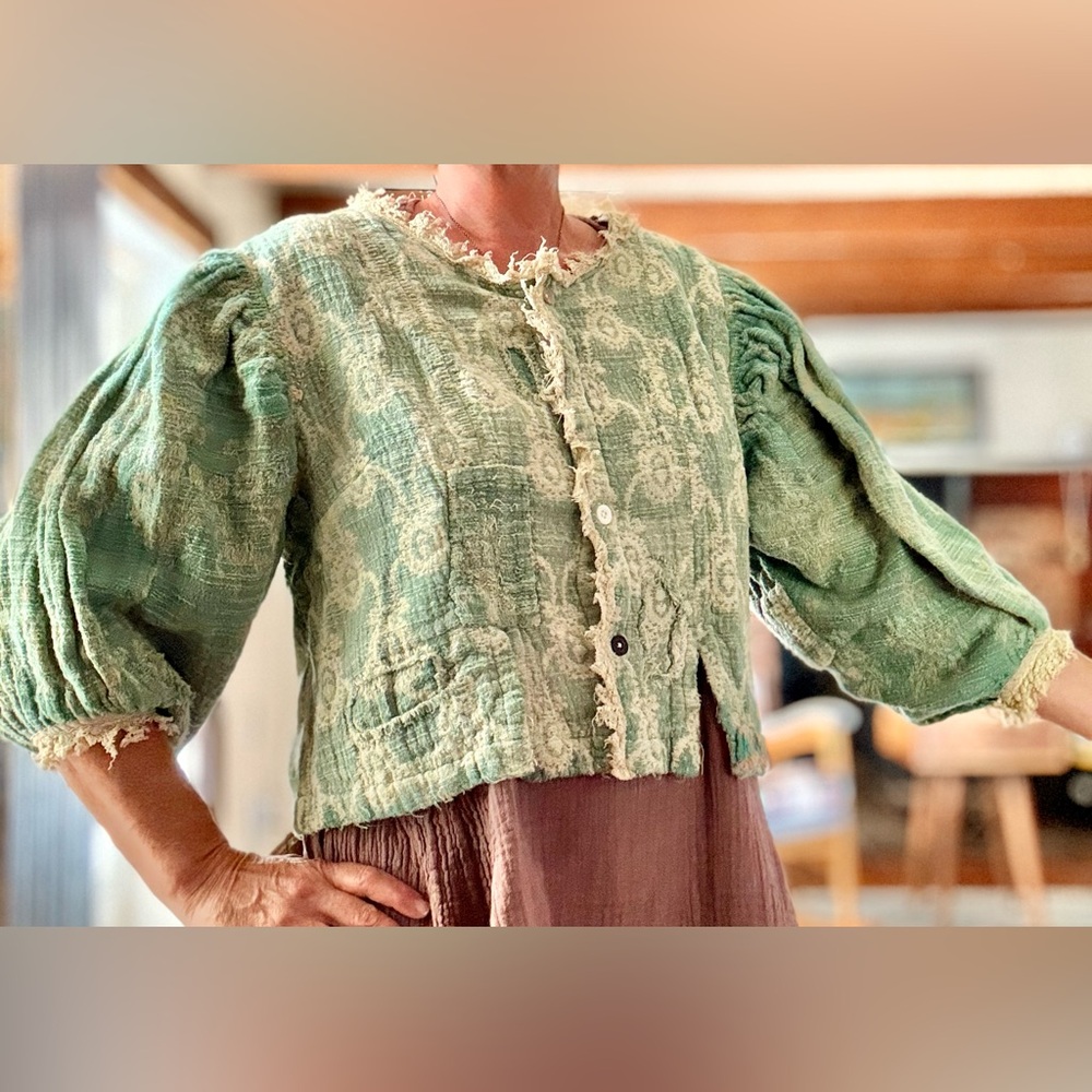 Magnolia Pearl Green Puffy Sleeve Jacket with Cream Trim